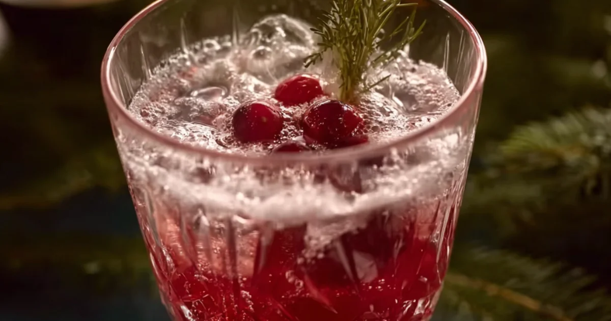 Sparkling cranberry mocktail in a ribbed glass with fresh rosemary garnish on a festive evergreen backdrop