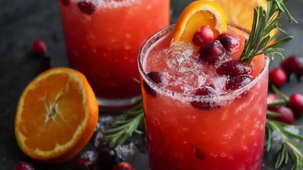 cranberry orange mocktail in a glass with rosemary sprig and orange slice on dark background