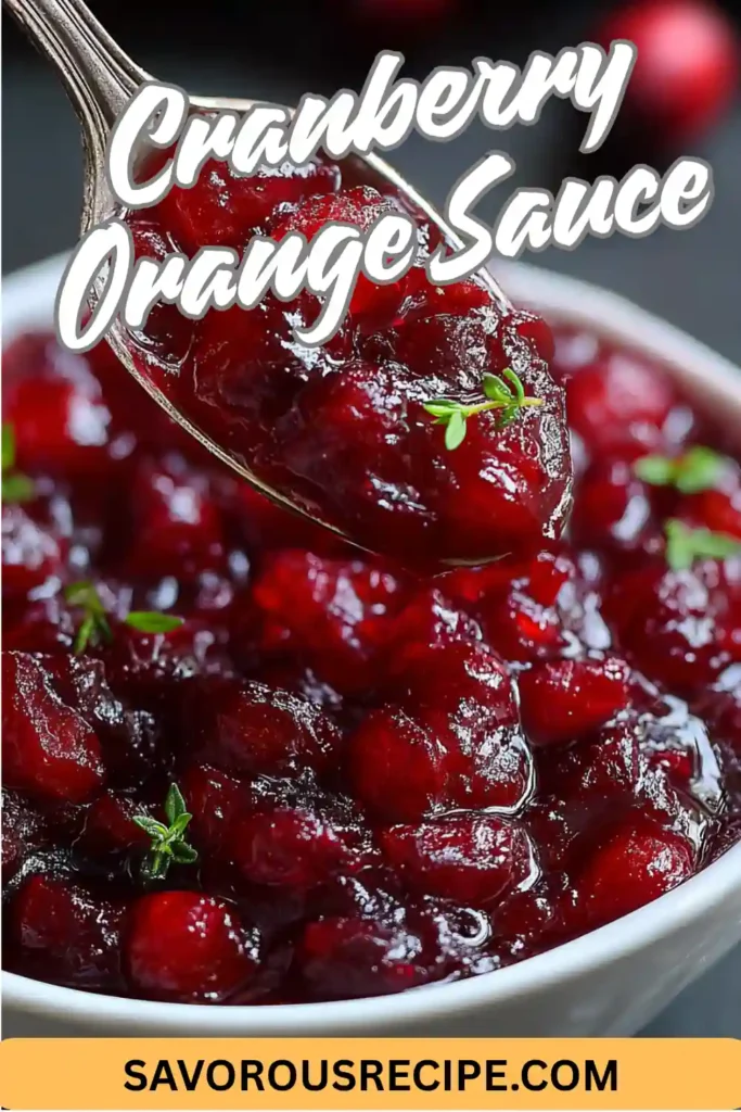 Pinterest pin of cranberry orange sauce in white bowl with spoon and thyme garnish