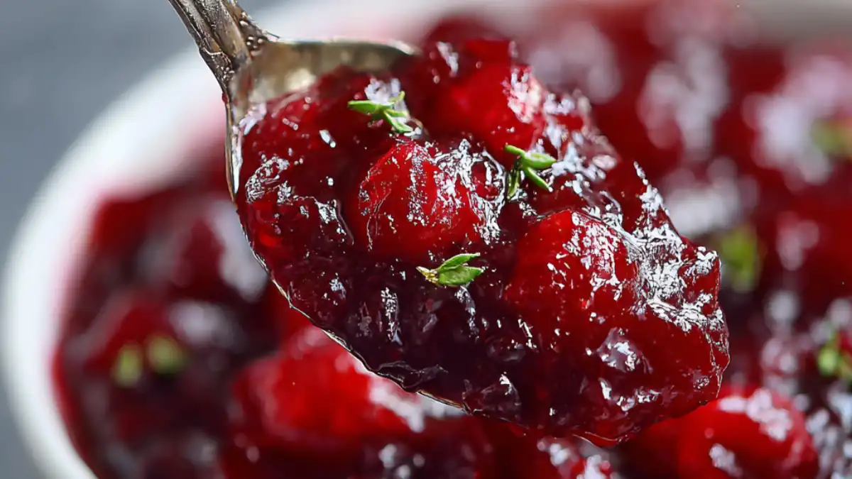 Spoonful of glistening cranberry orange sauce with thyme over blurred cranberry background