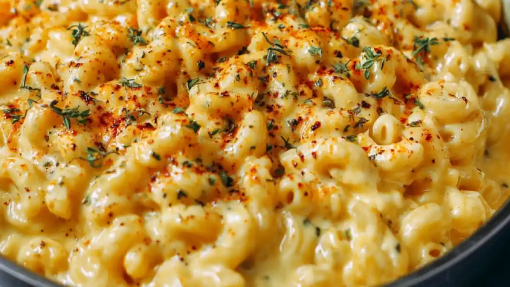 Creamy baked macaroni and cheese topped with paprika and fresh herbs in a skillet