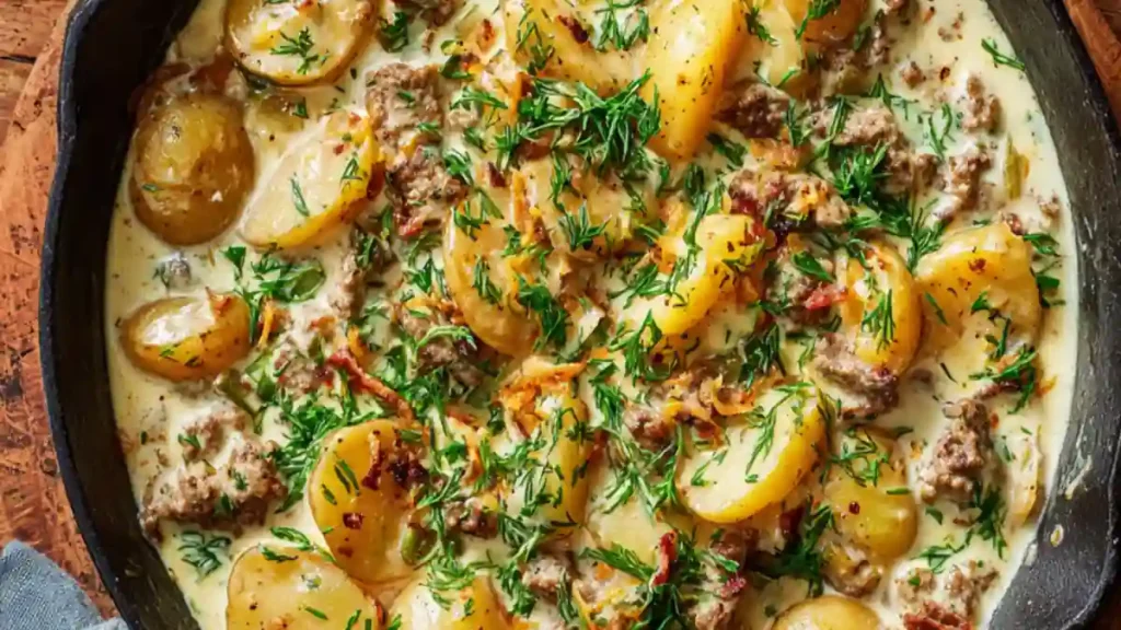 creamy ground beef and potato skillet in rich herb cream sauce