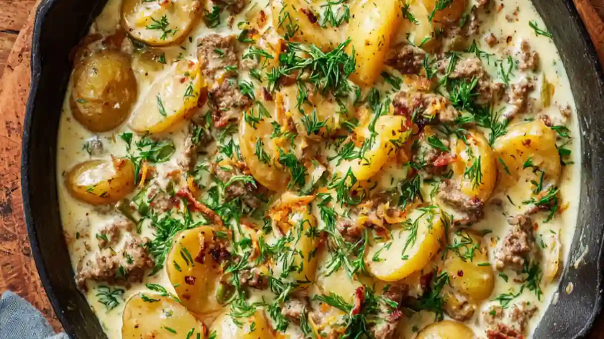 creamy ground beef and potato skillet in rich herb cream sauce