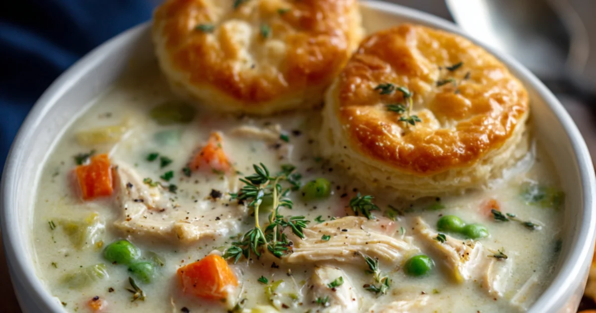 creamy chicken soup with vegetables topped with golden biscuits and fresh thyme