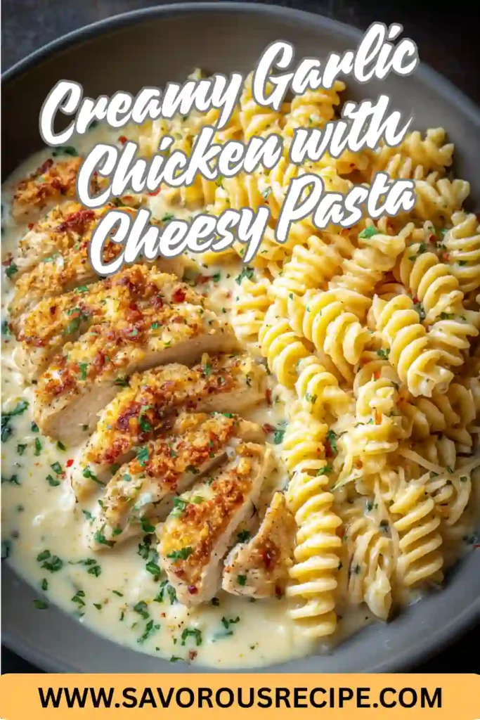 creamy garlic chicken and cheesy rotini pasta with herbs and website branding