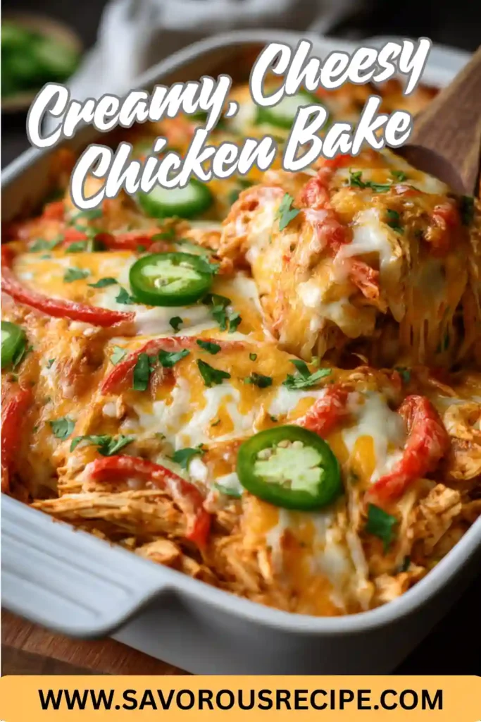 Creamy baked chicken casserole with melted cheese, jalapeño slices, and red bell peppers in a white dish