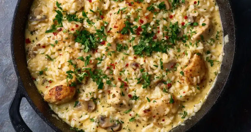 creamy chicken mushroom risotto with parsley garnish in a black skillet