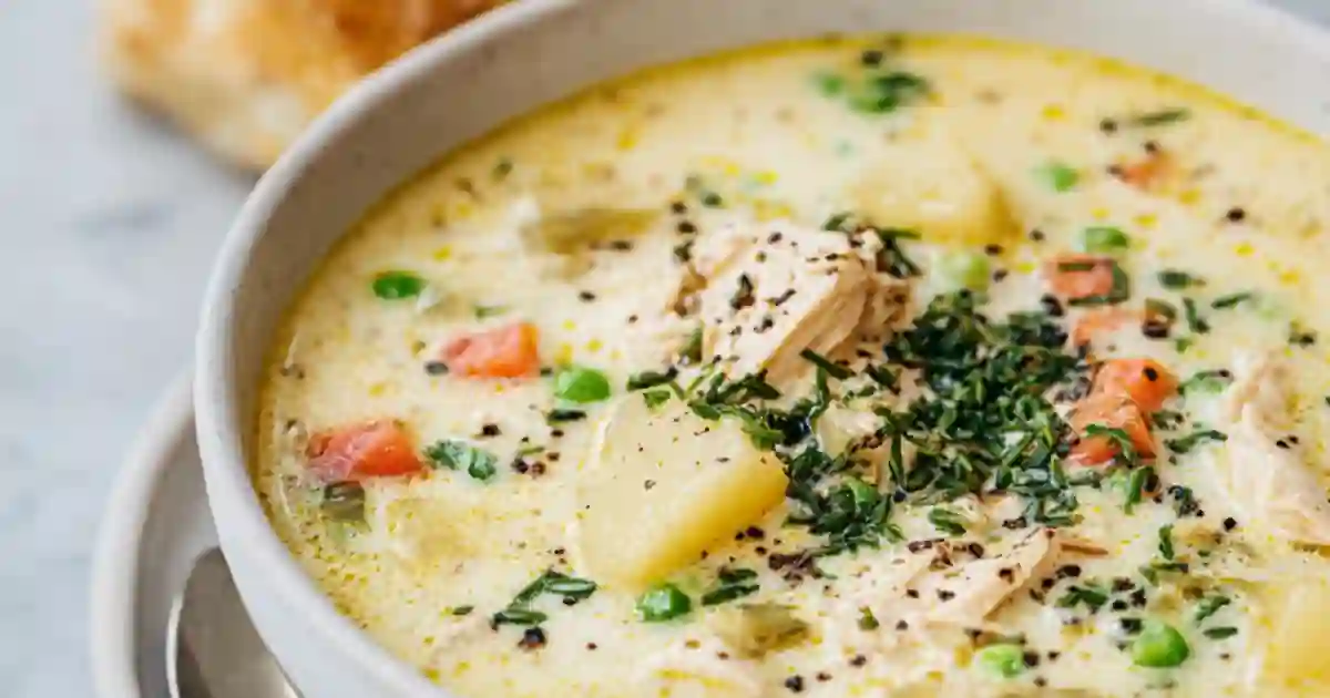 creamy chicken vegetable soup with potatoes, peas, carrots, and herbs in a white bowl
