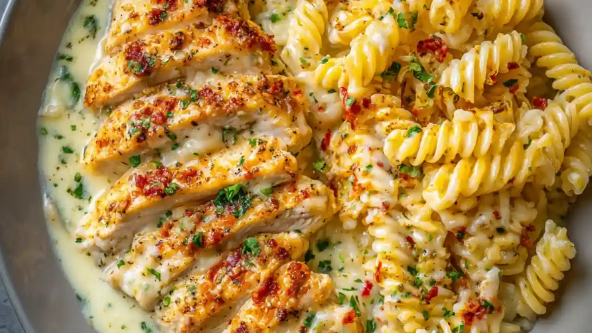 creamy chili garlic chicken breast with rotini pasta and herbs