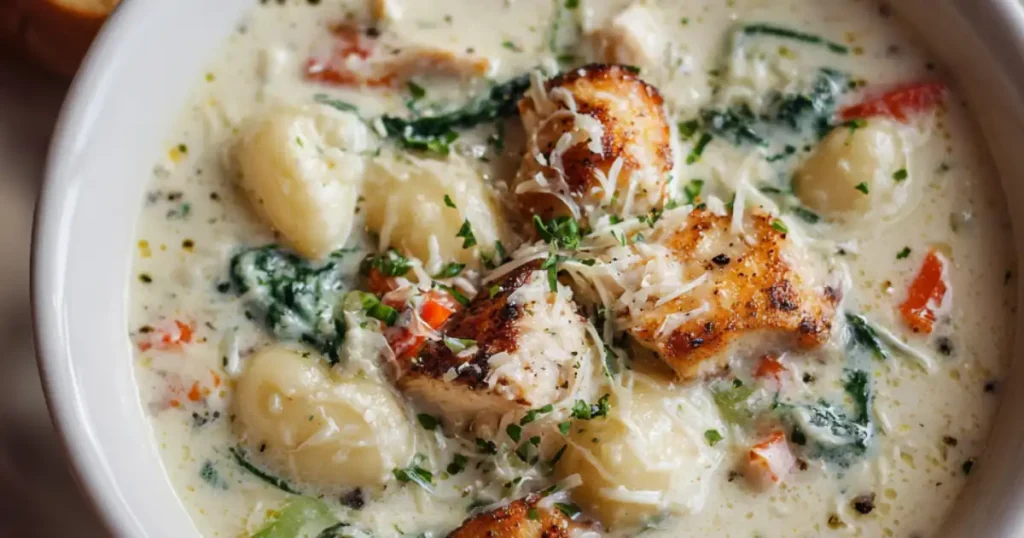 creamy gnocchi chicken soup with grilled chicken, gnocchi, spinach, and shredded parmesa