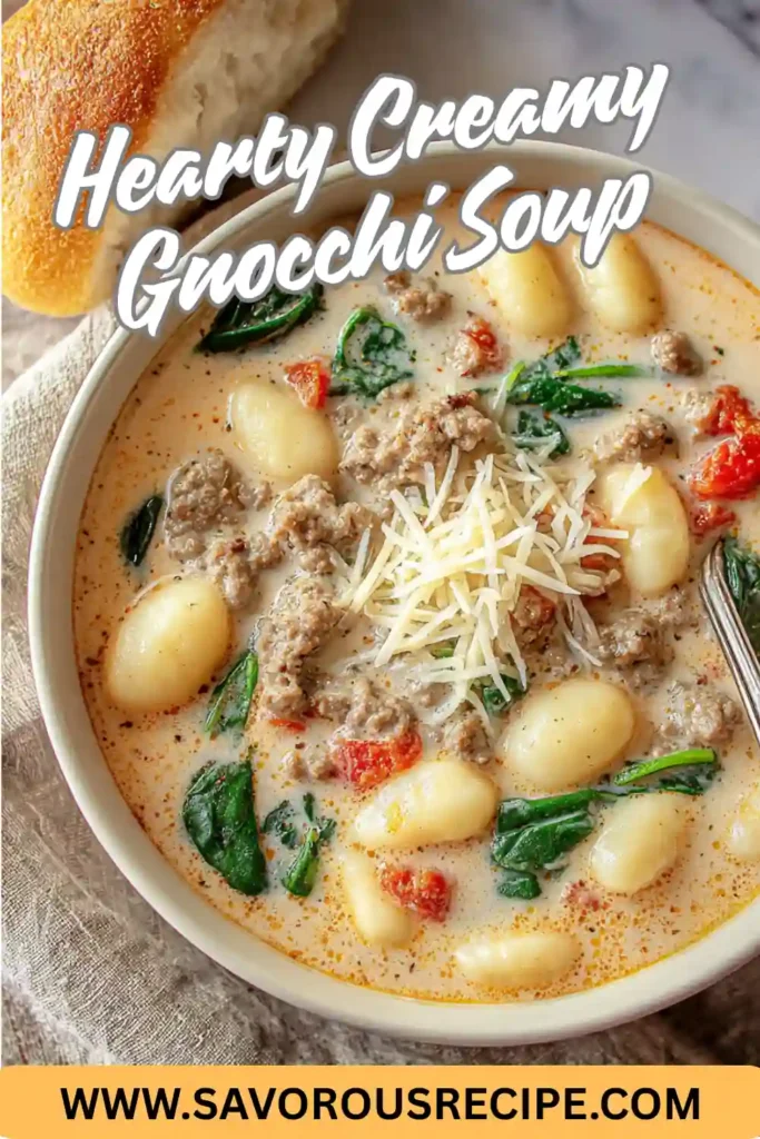 creamy gnocchi soup with sausage, spinach, tomatoes, parmesan, and gnocchi in a white bowl beside rustic bread