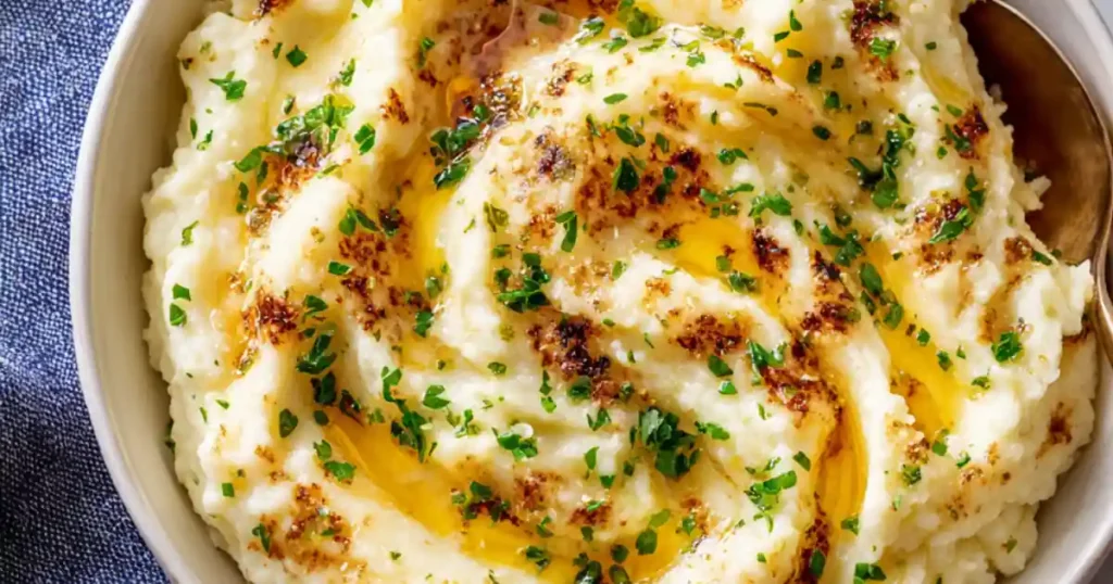 creamy mashed potatoes topped with melted butter and parsley in ceramic bowl
