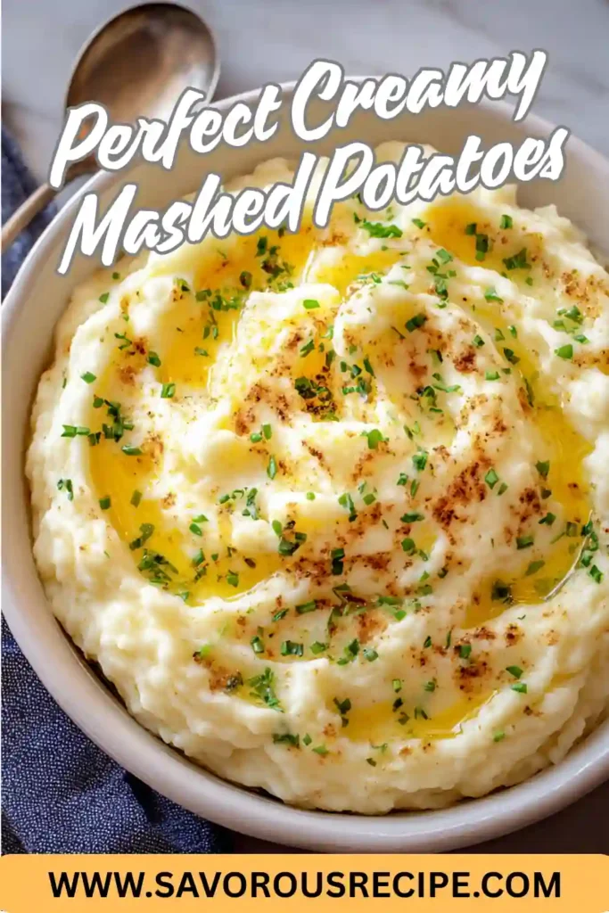 : bowl of creamy mashed potatoes with melted butter, chives, and seasoning