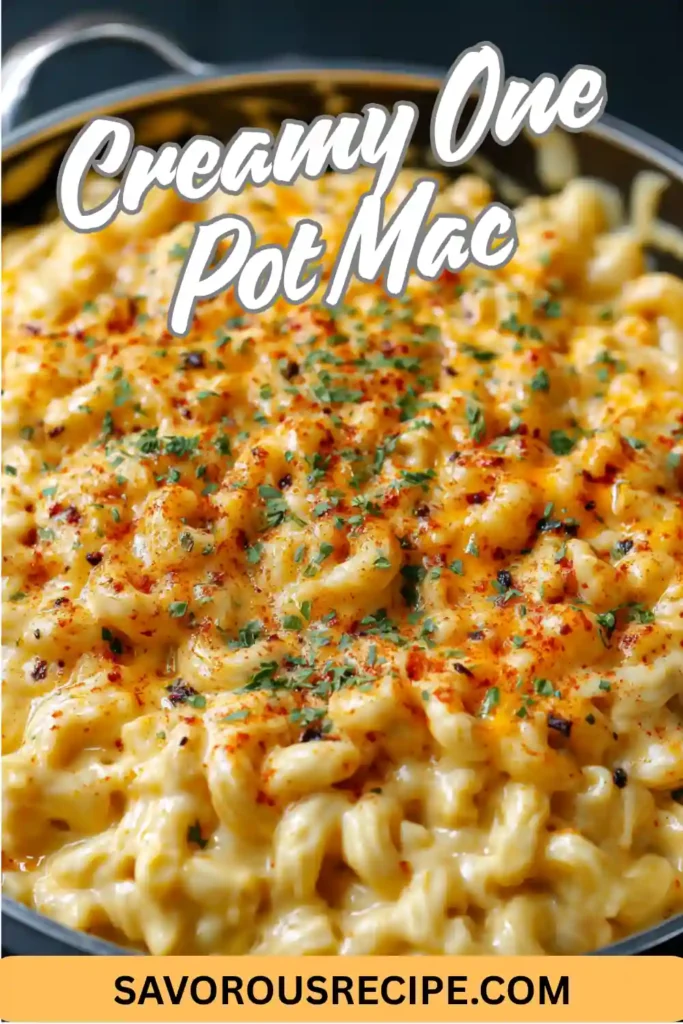 Pinterest pin of creamy one-pot macaroni and cheese topped with parsley and paprika