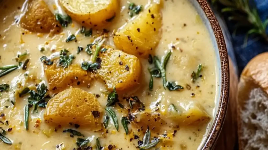creamy potato soup with golden potatoes, herbs, and cracked pepper in a rustic bowl