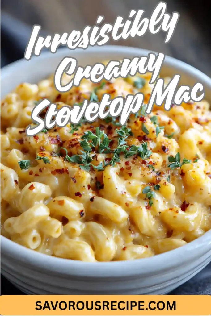 Pinterest pin of creamy stovetop mac and cheese with red pepper flakes and parsley in white bowl