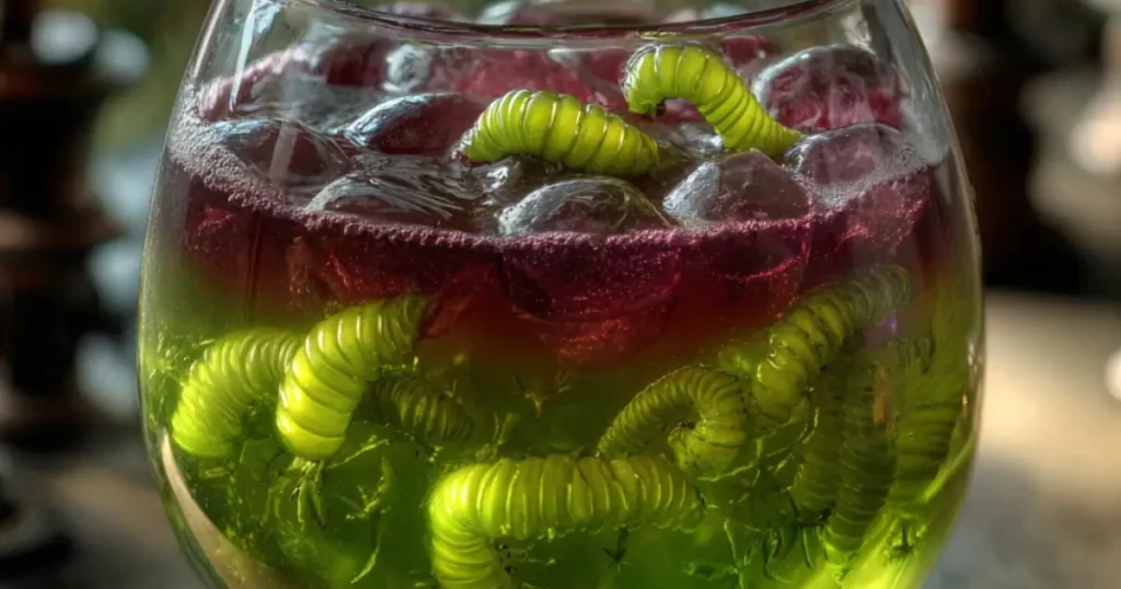 Halloween green and red cocktail with gummy worms and ice cubes in a glass