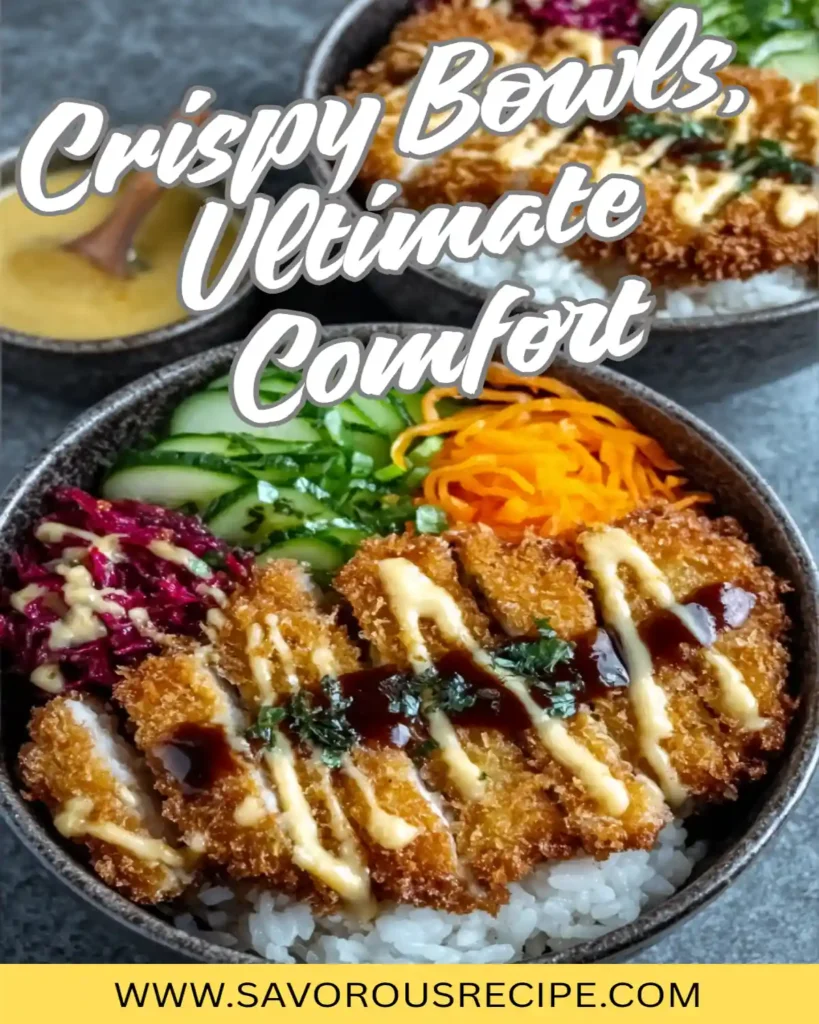 crispy panko chicken katsu bowl with rice, red cabbage, cucumber, carrots, and creamy sauces