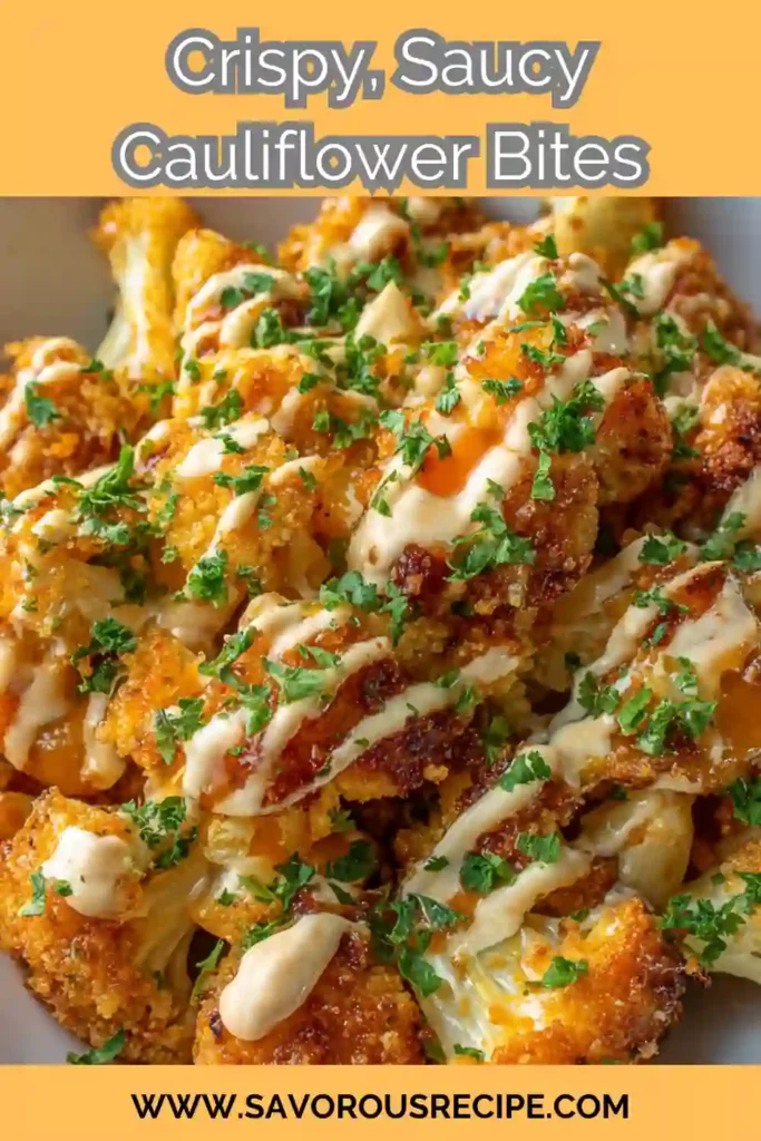 crispy golden cauliflower bites drizzled with creamy ranch and hot sauce, topped with chopped parsley