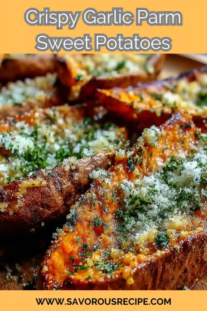crispy baked sweet potatoes topped with garlic, parmesan, and chopped parsley