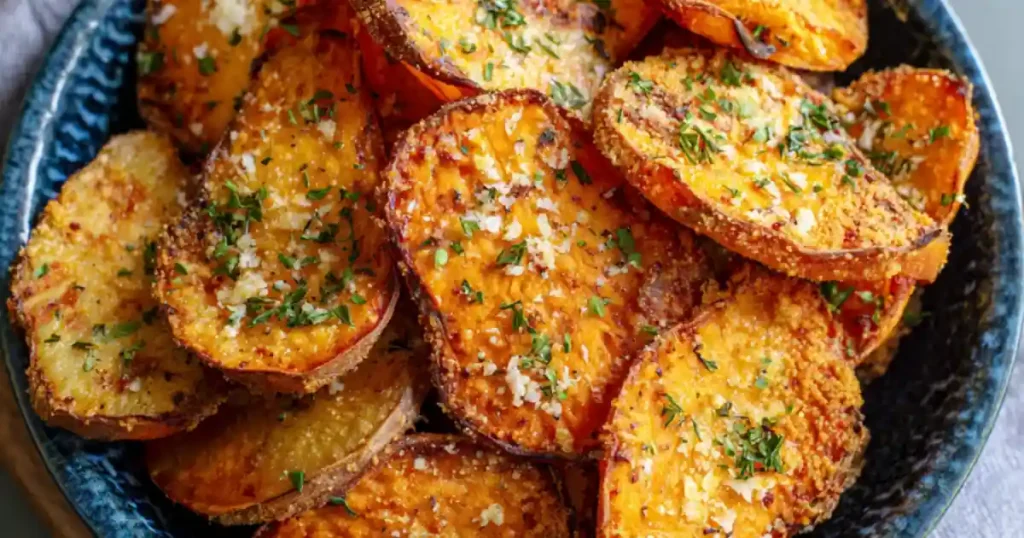 crispy roasted sweet potato rounds topped with parmesan cheese and fresh herbs