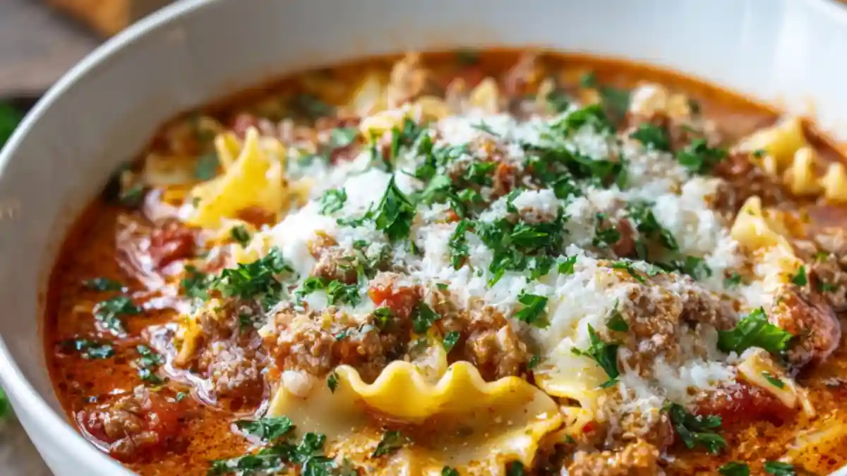 cheesy crockpot lasagna soup with ground beef, curly noodles, tomatoes, parmesan and parsley