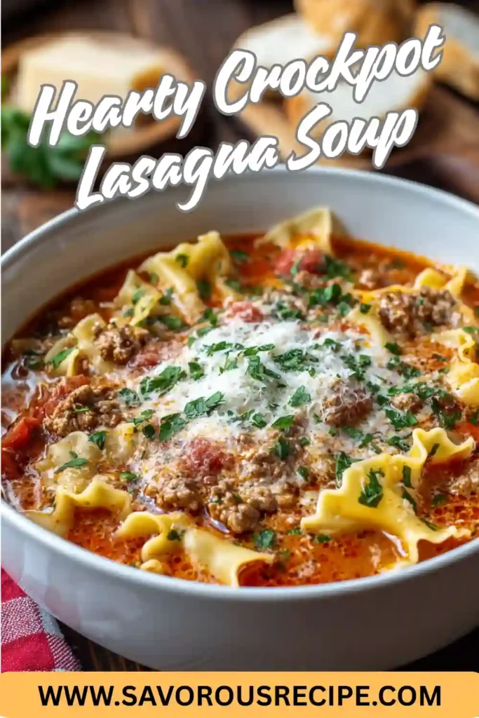 hearty crockpot lasagna soup with ground beef, lasagna noodles, tomatoes, cheese and herbs in a white bowl