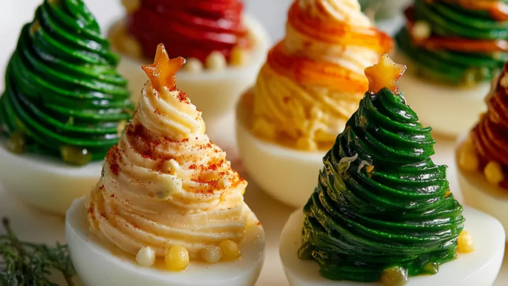 festive deviled eggs decorated as Christmas trees with piped colorful fillings and star toppers