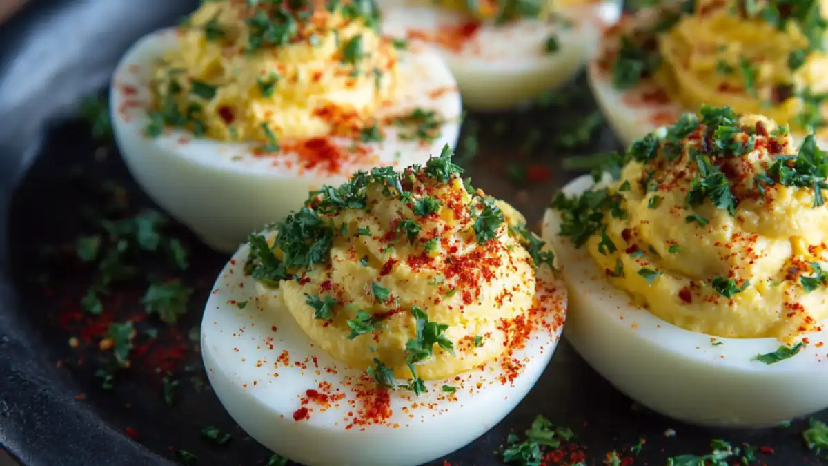 Deviled eggs topped with paprika and fresh parsley on dark platter