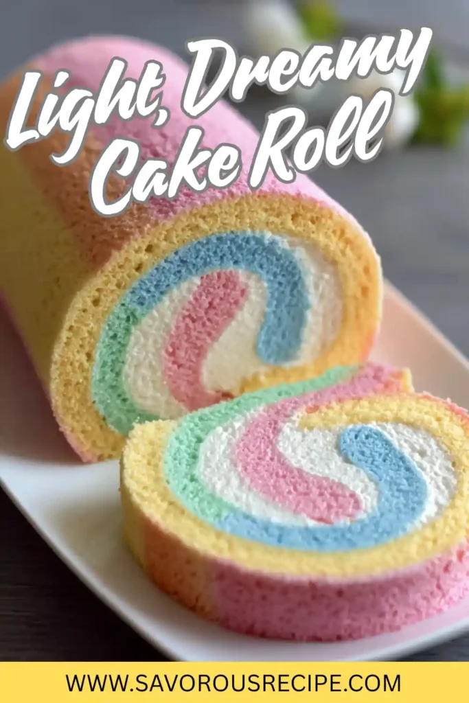rainbow swirl cake roll with pastel sponge and creamy filling, served on white plate