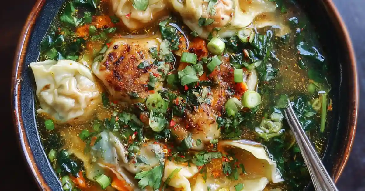 dumpling soup with fresh herbs, scallions, and vegetables in a rustic bowl