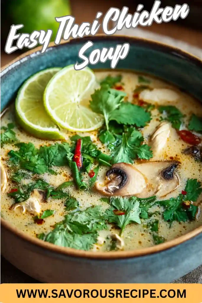 bowl of Thai chicken soup with mushrooms, lime slices, cilantro, and chilies