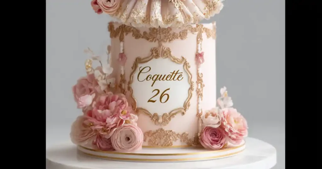 elegant pink and gold coquette birthday cake decorated with flowers and sugar pearls