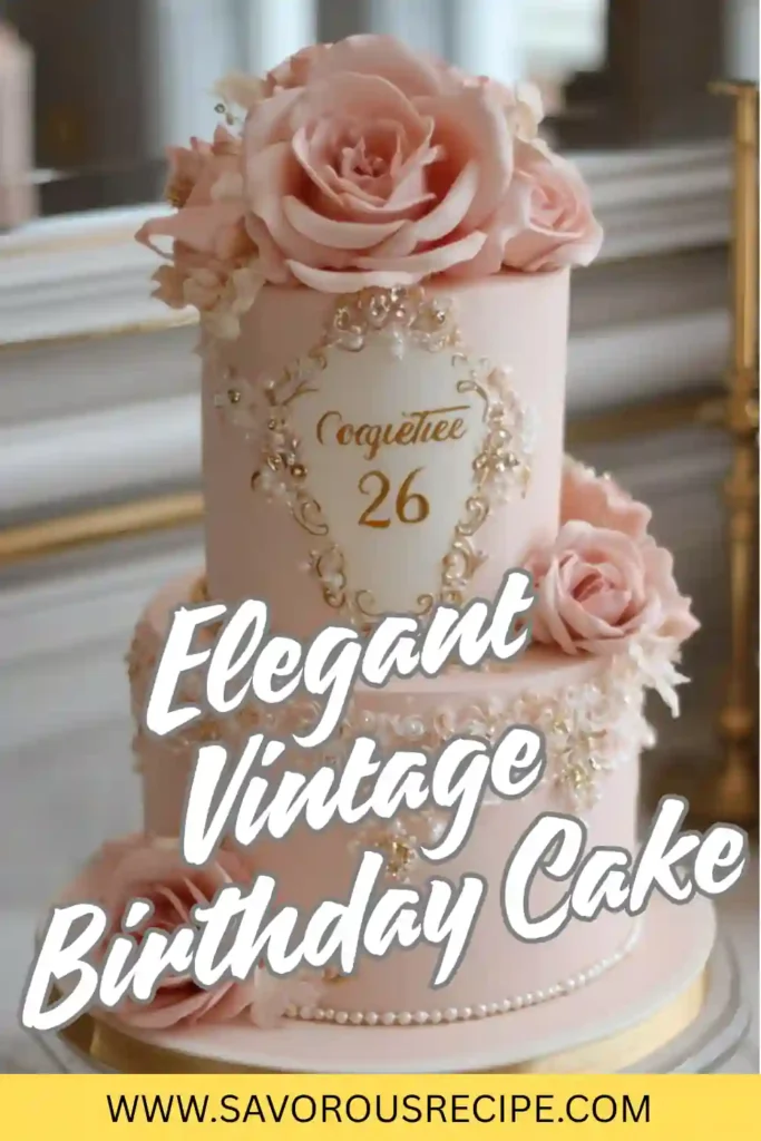 elegant vintage pink birthday cake with gold pearls, sugar roses, and ornate details