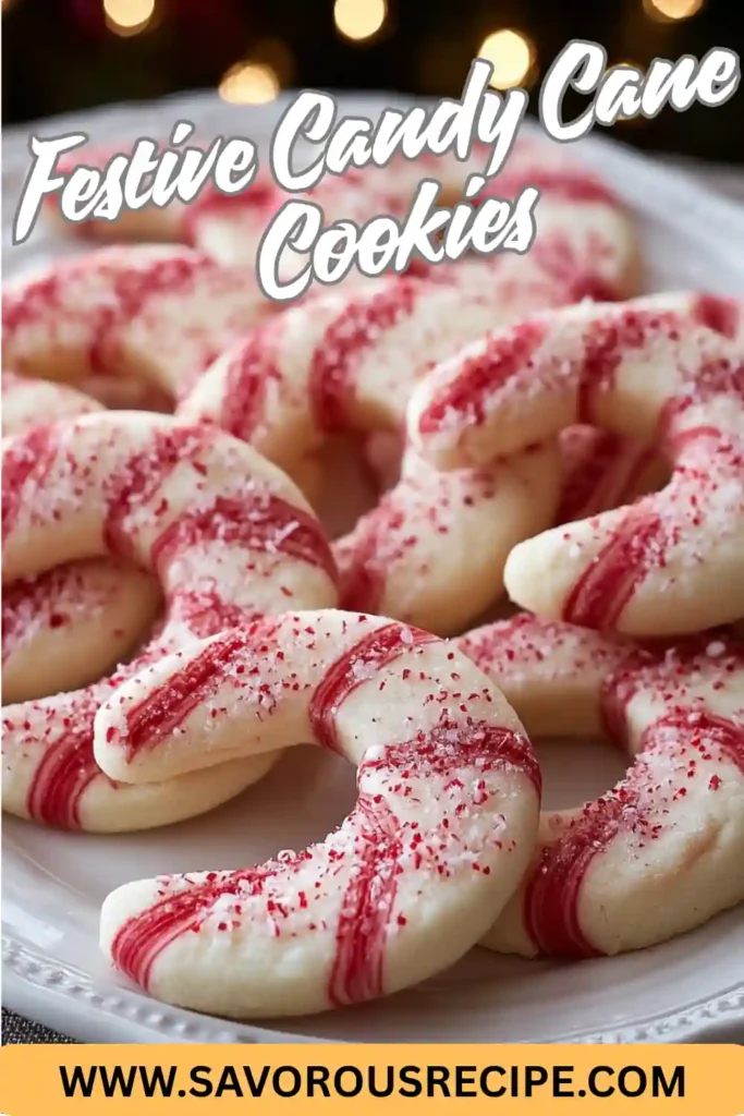 peppermint candy cane-shaped cookies with red stripes and sugar sprinkles on white plate