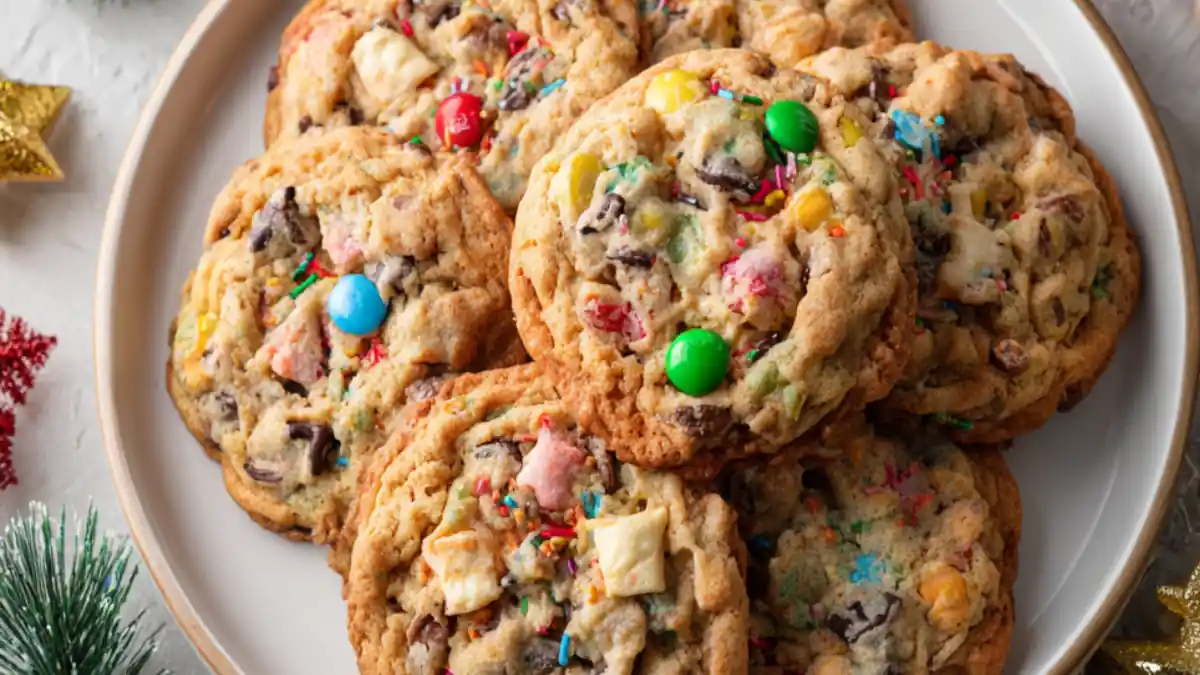 festive holiday cookies with colorful chocolate candies, sprinkles, and white chocolate chunks on a plate