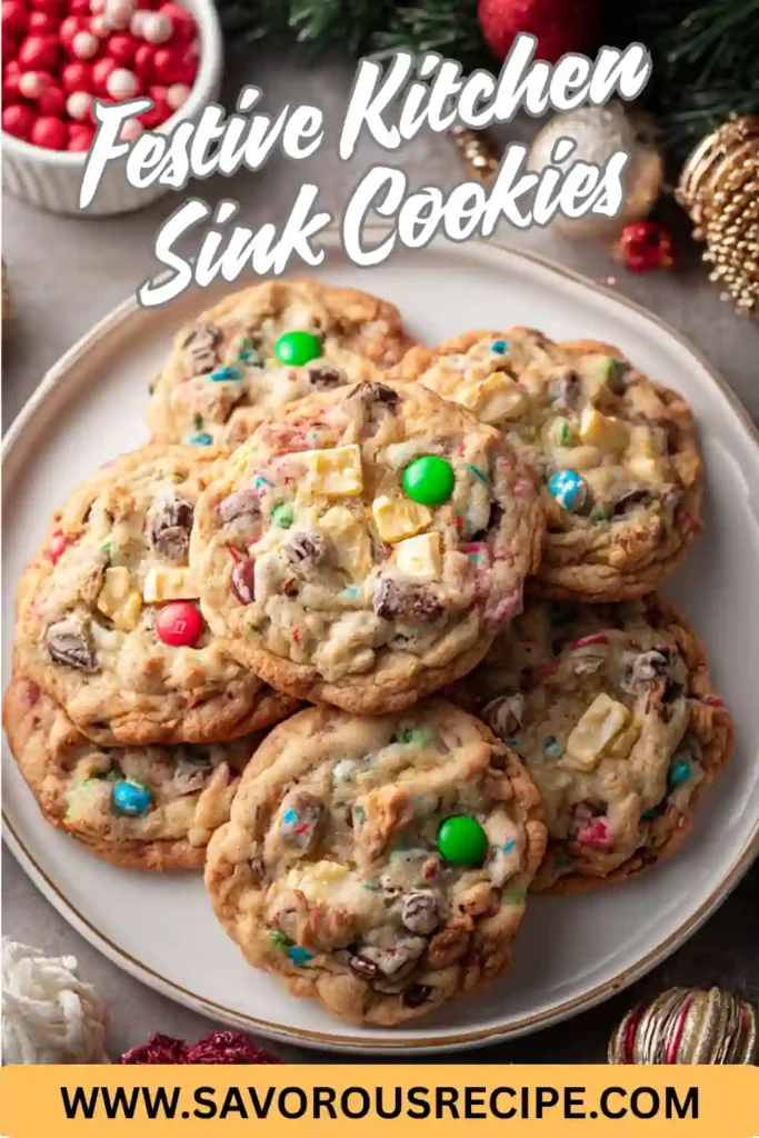 festive cookies topped with red and green candies, white chocolate chunks, and sprinkles on a holiday plate
