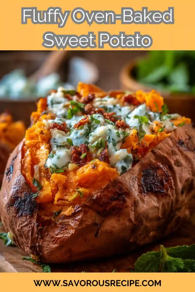 Fluffy oven-baked sweet potato topped with melted cheese, fresh herbs, and crispy bits on a rustic wood board