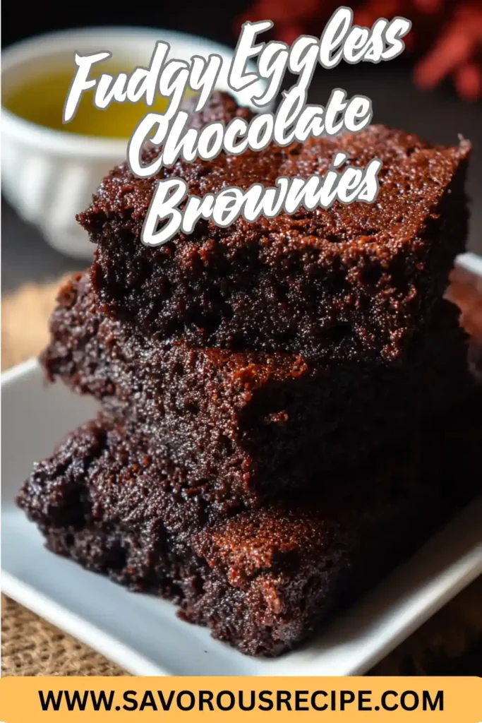 Tall image of stacked fudgy eggless chocolate brownies on a white plate with yellow SavorousRecipe banner