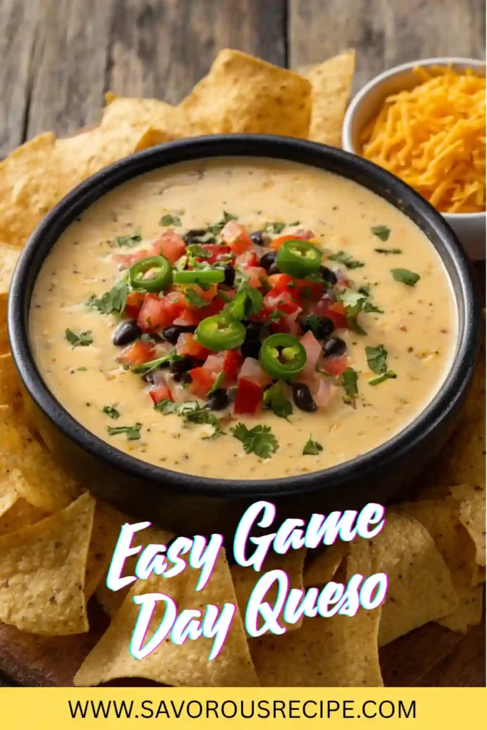creamy game day queso dip topped with black beans, tomatoes, jalapeños, and cilantro served with tortilla chips
