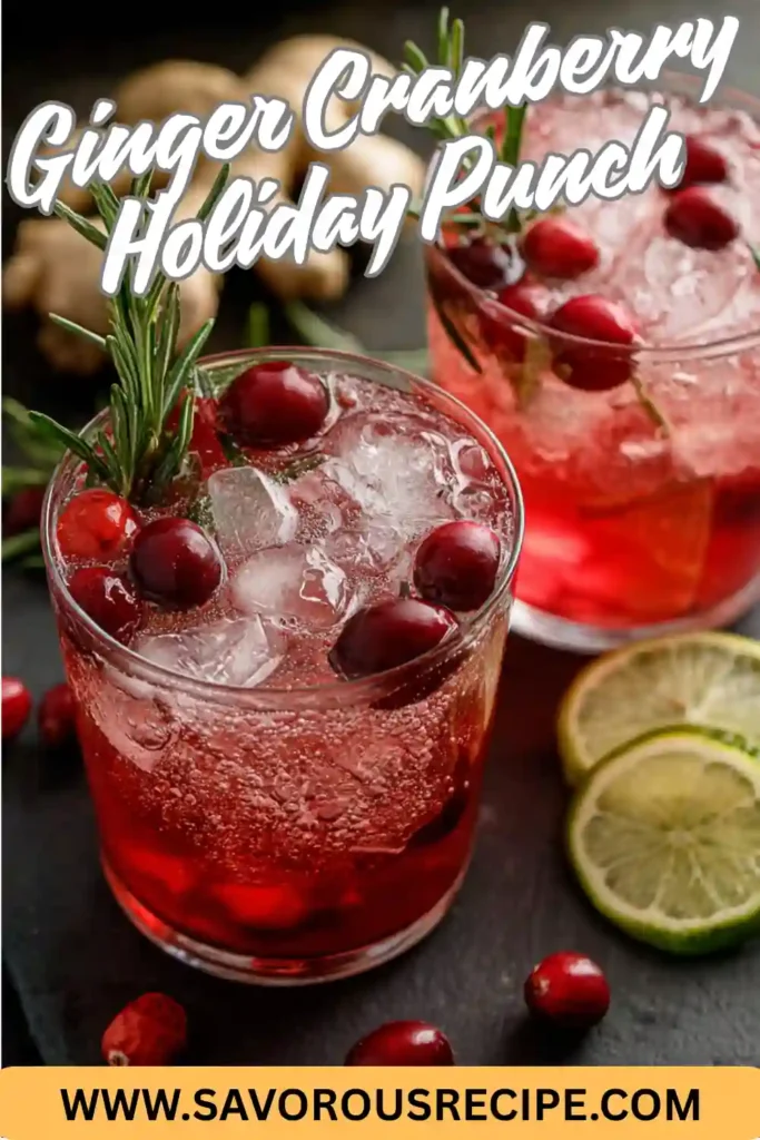 sparkling ginger cranberry punch in clear glasses with rosemary, cranberries, and lime slices