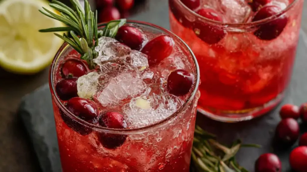 ginger cranberry holiday punch in glass with ice, rosemary, and fresh cranberries
