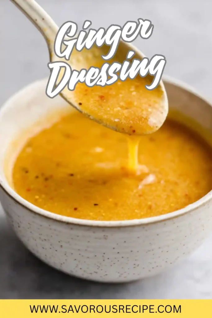 spoon drizzling thick ginger dressing over a bowl filled with golden sauce