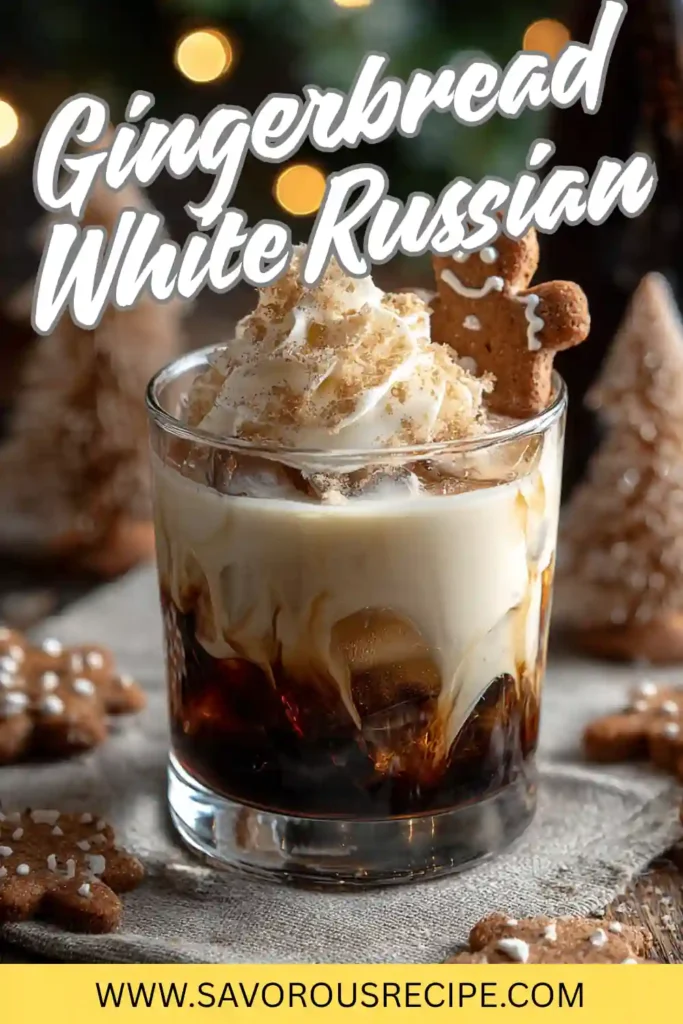 Gingerbread White Russian cocktail with whipped cream and gingerbread cookie in clear glass