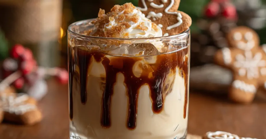 Gingerbread White Russian cocktail with chocolate drizzle, whipped cream, and gingerbread cookie in clear glass