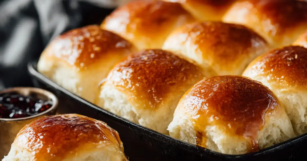 tray of golden brown glazed dinner rolls with shiny tops and jam on side