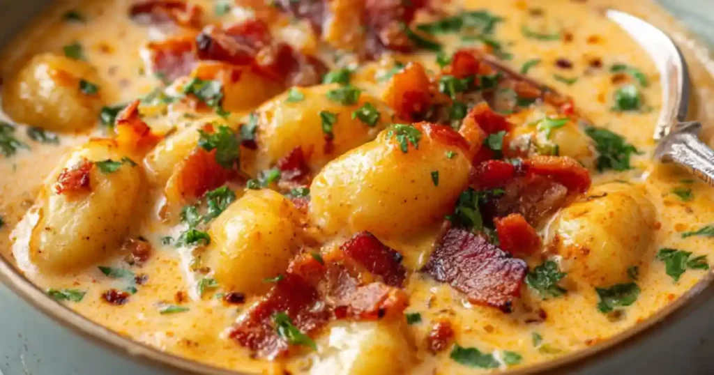 closeup of creamy gnocchi soup with crispy bacon, herbs, and a rich orange broth in a bowl