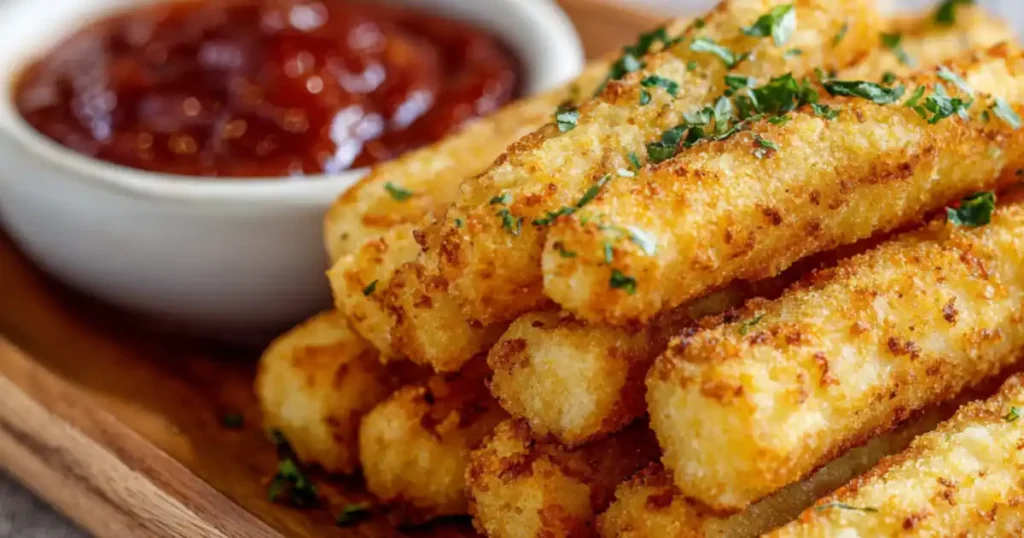 crispy golden potato sticks with herbs served on wooden tray with tomato dip