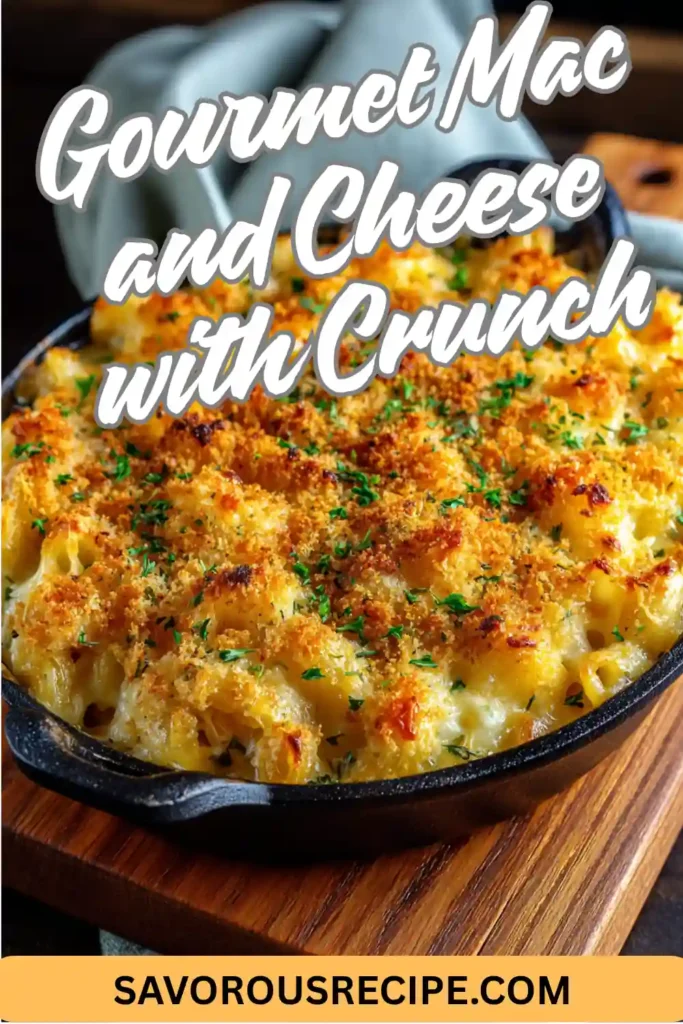 Pinterest pin of breadcrumb-topped gourmet mac and cheese in cast iron skillet with text overlay