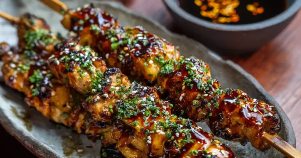 grilled chicken skewers with glaze and sesame seeds served on a ceramic plate with dipping sauce